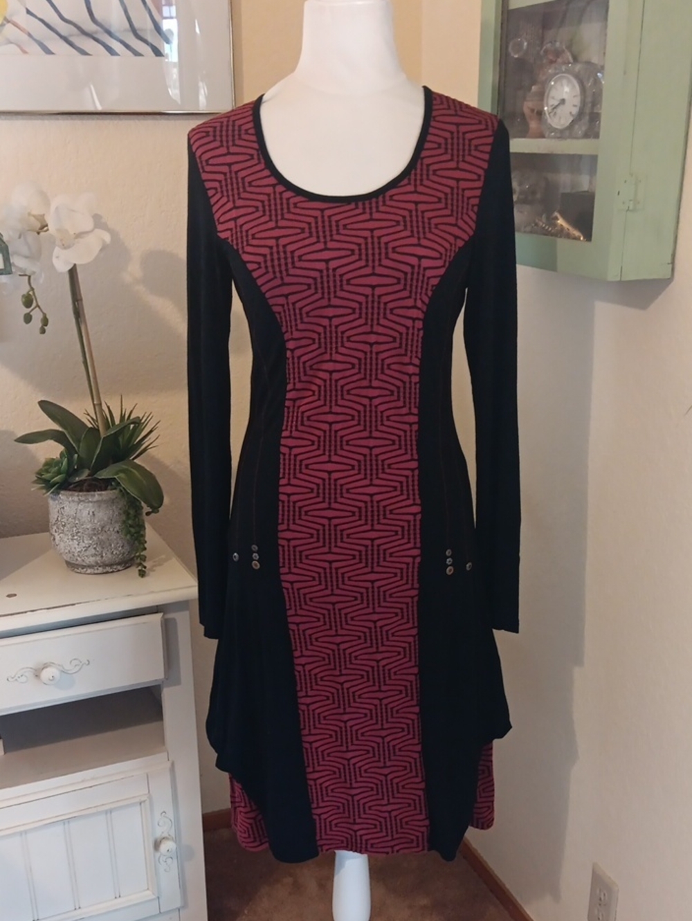 Dzhavael Couture Black &Red Geometric Panel Long-Sleeve Dress. Whimsigoth. Drama